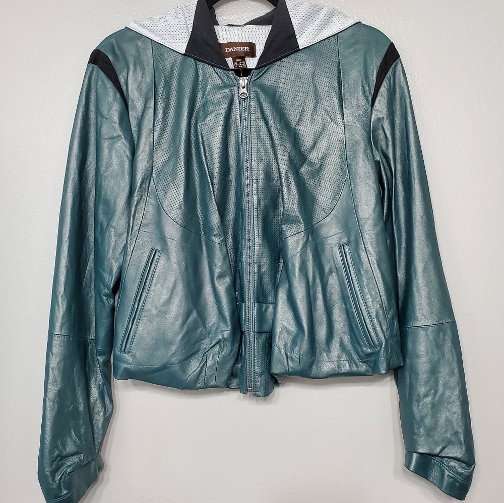 DANIER Pearlized Teal Leather Hoodie Crop Jacket
